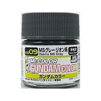 Mr Gundam Color paint, suitable for hand brushing & airbrushing, with good adhesion & fast drying is one of the finest scale modelling / hobby paints available. Solvent-based Acrylic, thin with Mr Color Thinner or Mr Color Levelling Thinner. Treat paint as a lacquer.  UG09 MS Zeon's Gray Semi-Gloss Paint. 10ml screw top bottle.
1 - 2 coats are recommended when brush painting
2 - 3 coats when using an air brush - after diluting to a ratio of 1 (Mr.Color) : 1-2 (Mr. thinner).
Mix in 5 - 10% of Flat Base