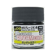 Mr Gundam Color paint, suitable for hand brushing & airbrushing, with good adhesion & fast drying is one of the finest scale modelling / hobby paints available. Solvent-based Acrylic, thin with Mr Color Thinner or Mr Color Levelling Thinner. Treat paint as a lacquer.  UG09 MS Zeon's Gray Semi-Gloss Paint. 10ml screw top bottle.
1 - 2 coats are recommended when brush painting
2 - 3 coats when using an air brush - after diluting to a ratio of 1 (Mr.Color) : 1-2 (Mr. thinner).
Mix in 5 - 10% of Flat Base
