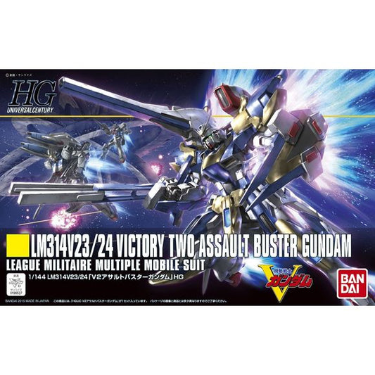 <p>This amazing kit enables you to build the V2 Assault, the V2 Buster or the V2 Assault Buster Gundam! Whatever you choose, it'll be armed to the teeth with the Mega Beam Rifle, Mega Beam Shield, Beam Rifle, V2 Core Fighter, Assault parts and Buster parts.</p>
<p>Molded in white, dark gray, blue red, metallic yellow and yellow, with foil stickers for markings</p>
<p><strong>Product Features:</strong></p>
<ul>
<li>HGUC 1/144 scale model kit</li>
<li>Official Bandai Hobby release</li>
<li>Includes marking an