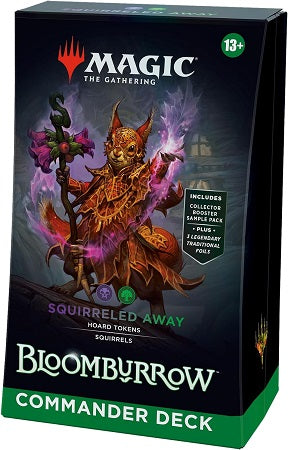 Battle your friends in epic multiplayer battles with a Black-Green deck that’s ready to play right out of the box. This Bloomburrow Squirreled Away Commander Deck includes 1 deck of 100 Magic cards (3 Traditional Foil cards, 97 nonfoil cards), a 2-card Collector Booster Sample Pack (contains 1 Traditional Foil or nonfoil alt-border card of rarity Rare or higher and 1 Traditional Foil Uncommon card), 10 double-sided tokens, 1 deck box (can hold 100 sleeved cards), 1 Life Wheel, 1 strategy insert, and 1 refer