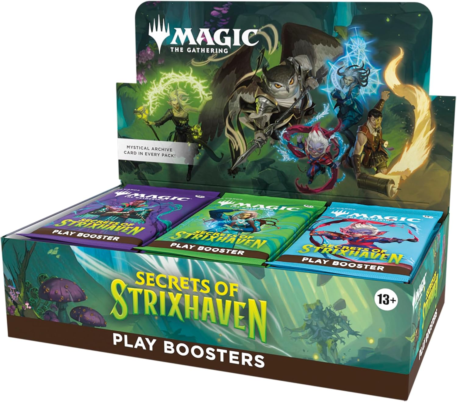 Release Date: Apr 24, 2026
The hallowed halls of Strixhaven welcome you back to school! Choose your college of magical study and expand your education in the greater world of Arcavios. Uncover ancient battlefields, monstrous mires, and mind-bending architecture as you stand against the mysterious threats plaguing the plane. This Secrets of Strixhaven Play Booster Box containing 30 Play Boosters, perfect for both Limited play and opening packs just for fun. Each Play Booster includes 1–5 cards of rarity Rare