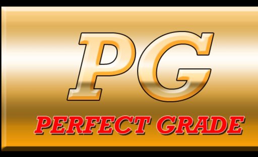 Gold Background with the letters "PG" in the middle and the words underneath in red read "PERFECT GRADE"