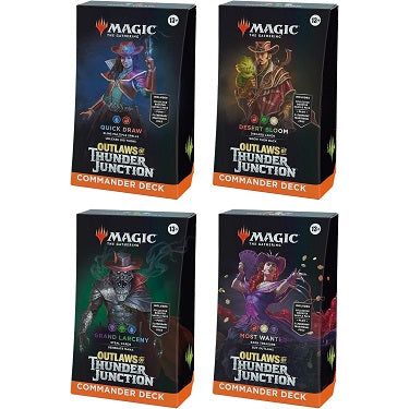 This bundle includes all 4 Outlaws of Thunder Junction Commander Decks—Quick Draw, Desert Bloom, Grand Larceny, and Most Wanted. Each deck set includes 1 ready-to-play deck of 100 Magic cards (2 Traditional Foil Legendary cards, 98 nonfoil cards), a 2-card Collector Booster Sample Pack (contains 1 Traditional Foil or Nonfoil alt-border card of rarity Rare or higher and 1 Traditional Foil Borderless Uncommon card), 10 double-sided tokens, 1 deck box (can hold 100 sleeved cards), 1 Life Wheel, 1 strategy inse