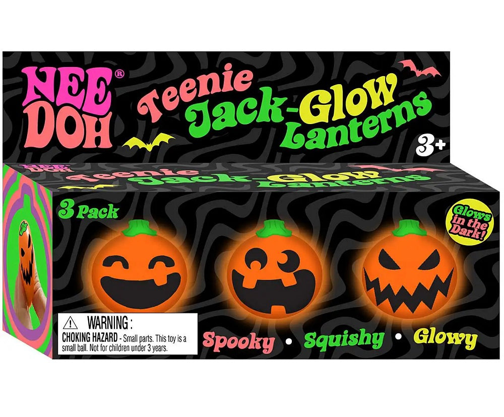 Celebrate spooky season with the Needohween Teenie Jack Glow Lanterns from Schylling! This festive 3-pack features three adorable mini pumpkin squishies, each with its own unique jack-o'-lantern face. Made with NeeDoh's signature soft, satisfying squeeze, these pocket-sized fidget toys are perfect for stress relief, sensory play, and Halloween fun. Best of all, they glow in the dark, making them a frightfully fun addition to trick-or-treat bags, party favors, classroom prizes, or spooky gift baskets.

Wheth