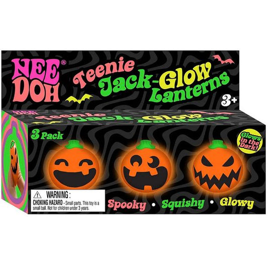 Celebrate spooky season with the Needohween Teenie Jack Glow Lanterns from Schylling! This festive 3-pack features three adorable mini pumpkin squishies, each with its own unique jack-o'-lantern face. Made with NeeDoh's signature soft, satisfying squeeze, these pocket-sized fidget toys are perfect for stress relief, sensory play, and Halloween fun. Best of all, they glow in the dark, making them a frightfully fun addition to trick-or-treat bags, party favors, classroom prizes, or spooky gift baskets.

Wheth