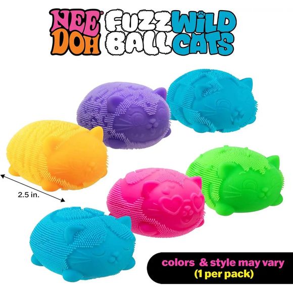 The NeeDoh Fuzz Wild Ball Cats bring a fun, furry twist to the classic NeeDoh squish! Each ball features a soft, fuzzy outer texture with adorable cat designs and is filled with classic doh for a smooth, satisfying squeeze. These cats are perfect for sensory play, stress relief, and on-the-go fidgeting.