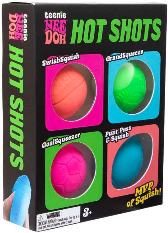 Score big on squish with the Teenie NeeDoh Hot Shots 4-Pack. This set includes four mini sports-themed squishy fidget toys designed with bright colors and a soft, dough-like texture. Each teenie-sized squeeze delivers a satisfying slow-rise squish that’s perfect for everyday sensory play. Ideal for party favors, classroom prizes, sports-themed gift bags, travel activities, and desk fidgeting. Colors and styles vary and are selected at random based on availability.