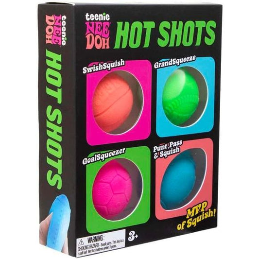 Score big on squish with the Teenie NeeDoh Hot Shots 4-Pack. This set includes four mini sports-themed squishy fidget toys designed with bright colors and a soft, dough-like texture. Each teenie-sized squeeze delivers a satisfying slow-rise squish that’s perfect for everyday sensory play. Ideal for party favors, classroom prizes, sports-themed gift bags, travel activities, and desk fidgeting. Colors and styles vary and are selected at random based on availability.