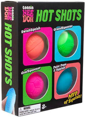 Score big on squish with the Teenie NeeDoh Hot Shots 4-Pack. This set includes four mini sports-themed squishy fidget toys designed with bright colors and a soft, dough-like texture. Each teenie-sized squeeze delivers a satisfying slow-rise squish that’s perfect for everyday sensory play. Ideal for party favors, classroom prizes, sports-themed gift bags, travel activities, and desk fidgeting. Colors and styles vary and are selected at random based on availability.