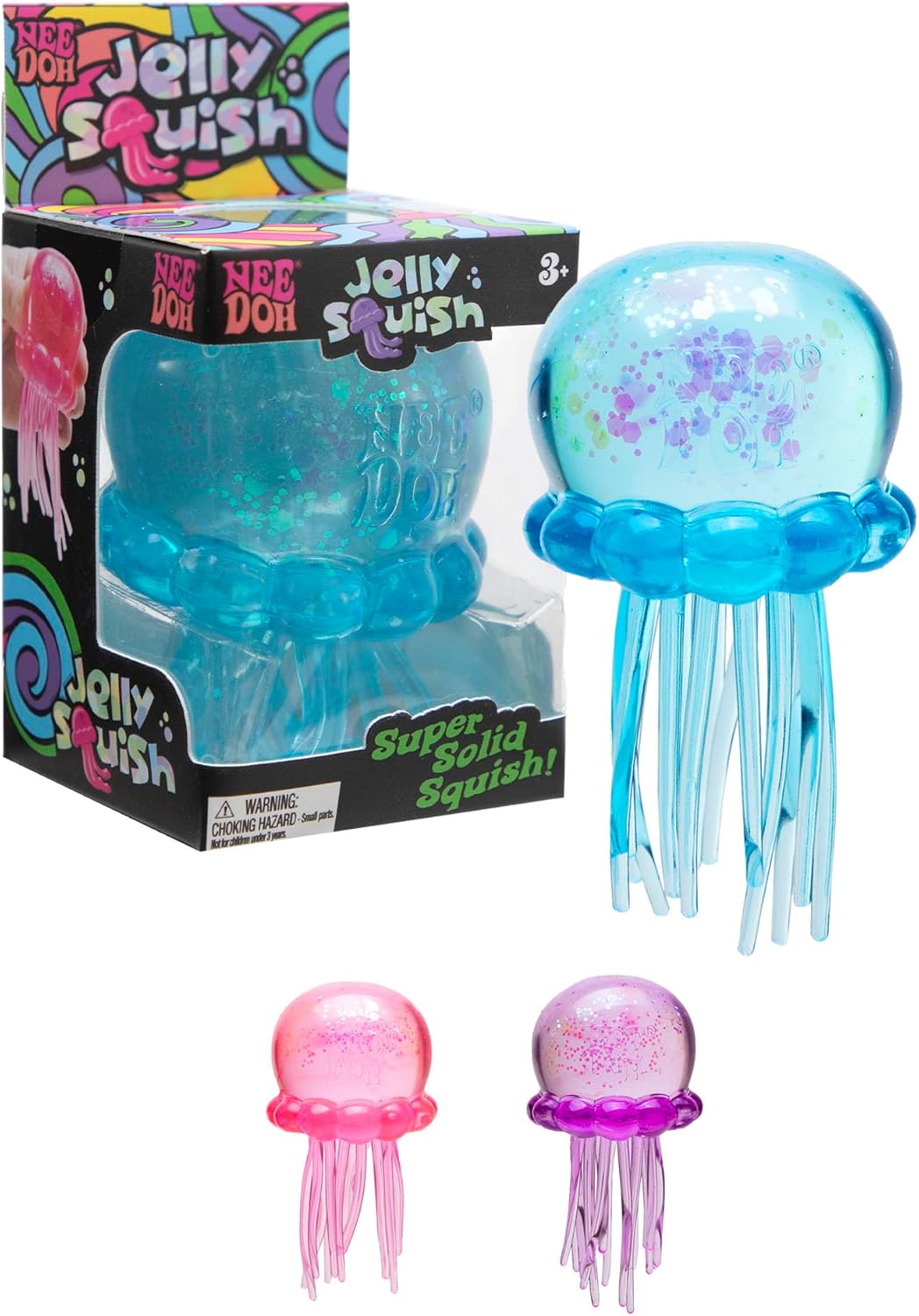 Enjoy a satisfying squeeze with the authentic NeeDoh® Jelly Squish! Shaped like an adorable jellyfish, this unique sensory fidget toy features a super-solid squishy body with soft, wiggly tentacles that create a fun tactile experience. Filled with NeeDoh's signature squeeze material, it always returns to its original shape after every squeeze, making it perfect for stress relief, fidgeting, and sensory play. Available in three translucent glitter colors—blue, pink, or purple—each jellyfish is individually b