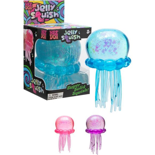Enjoy a satisfying squeeze with the authentic NeeDoh® Jelly Squish! Shaped like an adorable jellyfish, this unique sensory fidget toy features a super-solid squishy body with soft, wiggly tentacles that create a fun tactile experience. Filled with NeeDoh's signature squeeze material, it always returns to its original shape after every squeeze, making it perfect for stress relief, fidgeting, and sensory play. Available in three translucent glitter colors—blue, pink, or purple—each jellyfish is individually b