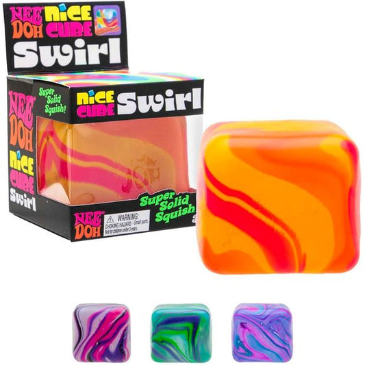 Twist and turn your way to sensory satisfaction with the NeeDoh Nice Cube Swirl! Each cube features a one-of-a-kind, swirling color blend that’s as unique as your vibe. With every squeeze, it returns to its square shape, bringing endless visual and tactile delight!  Approximately 2.25 inches.
