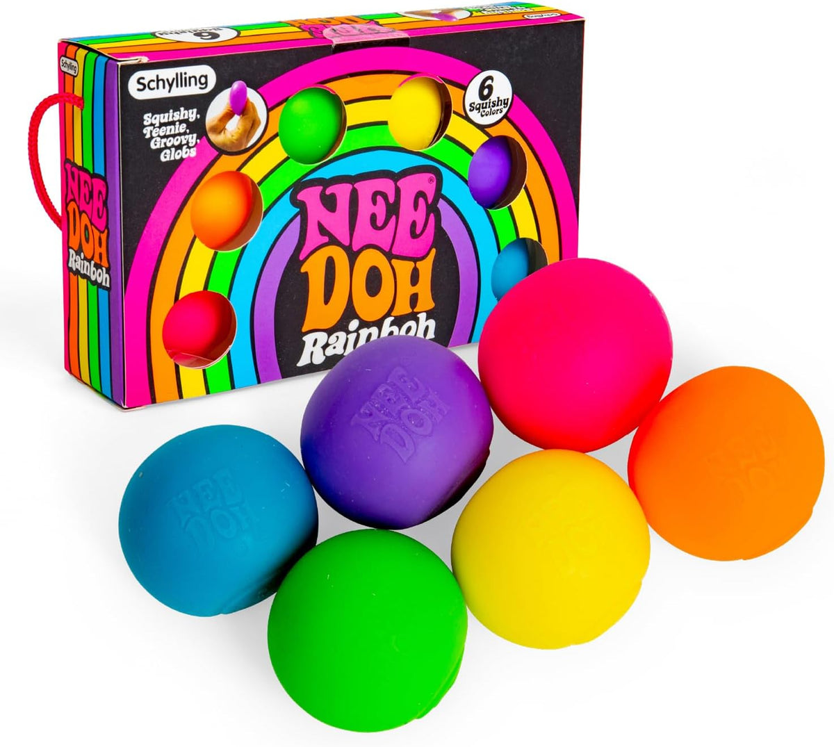 Experience the satisfying squeeze of Schylling NeeDoh Rainboh Teenie Groovy Globs! This colorful 6-pack includes six miniature NeeDoh stress balls in bright rainbow colors, each offering the signature soft, squishy, dough-like feel that has made NeeDoh a fan favorite with kids and adults alike.

Perfectly sized to fit in the palm of your hand (approximately 1.6 inches / 4 cm), these mini fidget toys are great for stress relief, focus, sensory play, party favors, classroom rewards, stocking stuffers, or on-t