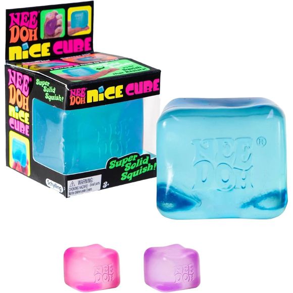 The groovy gratifying NeeDoh is now available as a cool square, semi-transparent ice-like look! NeeDoh Nice Cube still has all the irresistible power to find your best mellow and chill and always returns to its original shape, but now it has a groovy goo filling that feels soft with a slow squish and firm when fast squished. One sweet squeeze turns into many for a soothing sensory sensation in the office, classroom, car, at home or anywhere at anytime. Available in 3 assorted colors.  Approximately 2.25 inc