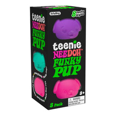 Meet the Teenie Funky Pups — the pint-sized pups from the NeeDoh family, now in a fun dog design perfect for pocket, desk, or backpack. Each 1.75" squishable is filled with NeeDoh's signature moldable "dough" that stretches, squishes, and always bounces back into shape. With playful facial expressions and a soft, satisfying texture, these mini fidgets are a favorite for stress relief, sensory play, and quick chill breaks. Sold in a 3-pack with randomly assorted bright colors — great as a stocking stuffer, p