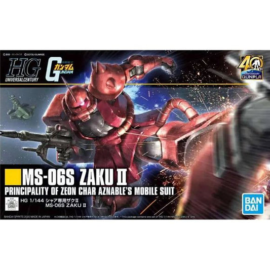 This is the 1/144 #234 MS-06S Char's Zaku II "Mobile Suit Gundam" HG plastic model kit from the Universal Century Gundam Series by Bandai Spirits.

At long last the HGUC Char's Zaku has been updated as part of the 40th Anniversary of GunPla! Pair it alongside RX-78-2 to recreate scenes from the 1979 TV Anime series! Special features include design elements that allows expressive articulation via structural and material part usage. The skirt armor can be built using either soft material to recreate its one p