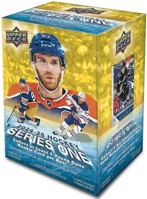 2024/25 Upper Deck Series 1 Hockey Blaster

Product Configuration: 12 cards per pack, 4 packs per box
Series 1 sports the first 250 cards of the 2024-25 Upper Deck Base Set. Annually, the Upper Deck Base Set is the most widely-collected Base Set in hockey. It includes 198 veteran cards, 49 Young Guns rookie cards and three checklist cards. The iconic Young Guns are the most anticipated rookie cards of the season. Collect one (1) Young Guns card per box, on average! Keep an eye out for stunning Outburst Silv