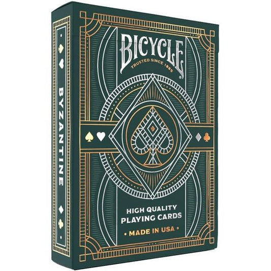 Timeless, elegant line work fills every inch of Bicycle Byzantine Playing Cards. Bring a heightened level of sophistication to your next game night with striking gold and silver foil highlights on the tuck, and fully custom court card and card back designs.