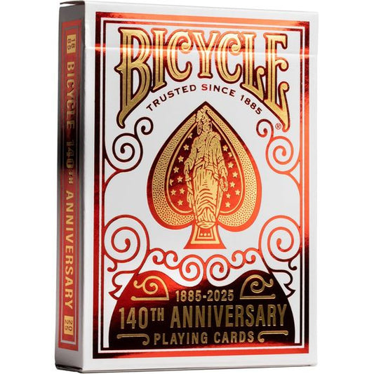 140 YEARS OF HISTORY: Celebrate 140 years of Bicycle with this special edition deck of premium playing cards, featuring court card pips printed with 1885 and 2025 to honor our legacy. ICONIC ACE DESIGNS: The aces of all 4 suits are inspired by the original 1885 Bicycle artwork, bringing a nostalgic connection to the brand’s history while delivering modern playability. GOLD METALLUXE FOIL: The tuck case and card backs shimmer with luxurious red and gold foil, giving this collectible deck an elegant, eye-catc