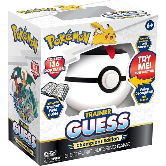 Looking for a fun and challenging Pokémon game? Look no further than Trainer Guess – Champions Edition! This electronic voice recognition game will test your knowledge of the Pokémon universe. Just think of a Pokémon and answer a few questions, and Trainer Guess will guess which one you're thinking of! The Champions Edition includes 136 different Pokémon, each associated with a Gym Leader, Elite Four member, or Champion from across the world of Pokémon, from Kanto to Galar. Use the included Trainer Field Gu