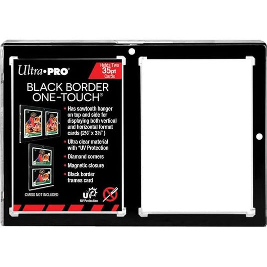 The 2-Card Black Border ONE-TOUCH display features a black border to perfectly frame your cards. Designed as the final destination for your collectible cards, our two-piece ONE-TOUCH holders are uniquely designed with slide-in hinge and magnetic closure so you'll never have to use a screwdriver again. The holder provides UV-resistant, no-PVC and acid free protection to ensure your valuable hit retains its condition while under display. Our ONE-TOUCH holders are ideal for presenting prized and super rare gam