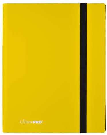 9-Pocket Lemon Yellow PRO-Binder with embossed middle black web material gives cards a classic framed look. Side loading pocket design to prevent cards from easily falling out. Elastic strap holds the binder shut when not in use. All materials made from archival-safe, acid-free non-PVC material. Holds 360 cards in Ultra Pro Deck Protector sleeves.