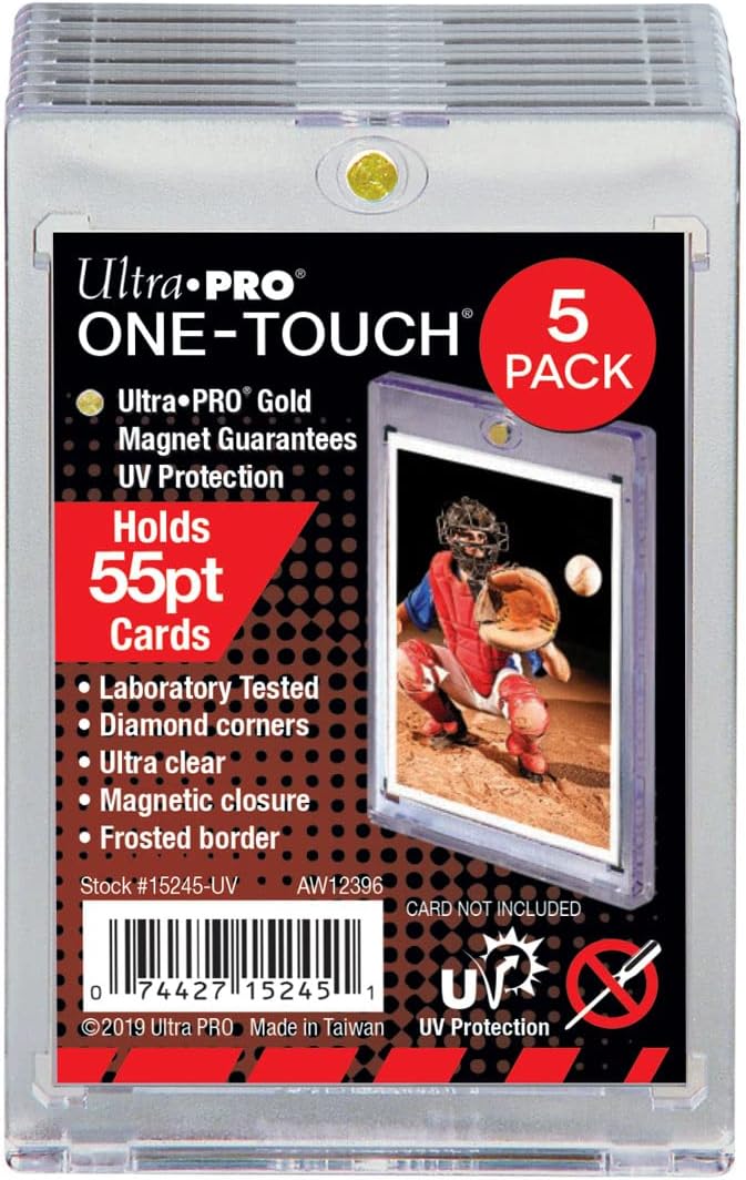 Ultra Pro One-touch holders are high quality trading card storage boxes designed as the final destination for your trading cards. The two-piece one-touch holders are unique with slide-in hinges and magnetic closure, so you never have to use a screwdriver again. The holder uses UV blocking additives to protect your card from harmful UV rays and is made from non-PVC materials to provide acid-free protection - ensuring your valuable hit maintains its condition while under the display.   (Pack of 5)