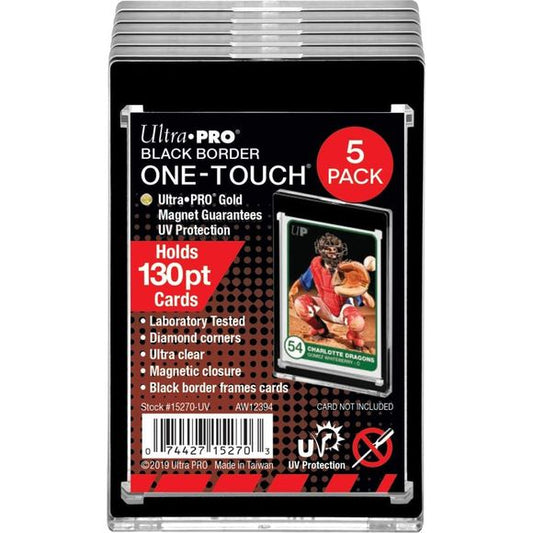 he Black Border ONE-TOUCH display features a black border to perfectly frame your cards. Designed as the final destination for your collectible cards, our two-piece ONE-TOUCH holders are uniquely designed with slide-in hinge and magnetic closure so you'll never have to use a screwdriver again. The holder provides UV-resistant, no-PVC and acid free protection to ensure your valuable hit retains its condition while under display. Our ONE-TOUCH holders are ideal for presenting prized and super rare gaming card