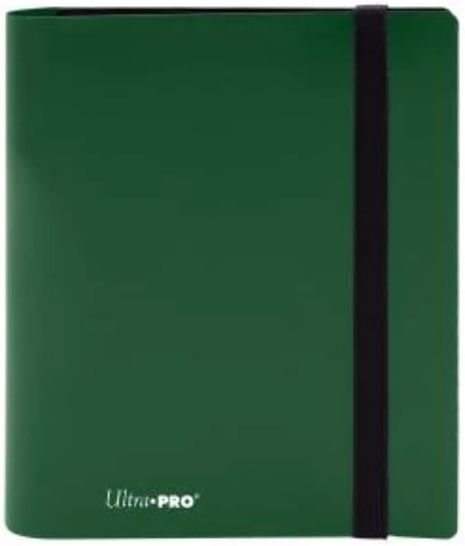 4-pocket Forest Green PRO-Binder with embossed middle black web material gives cards a classic framed look. Side loading pocket design to prevent cards from easily falling out. Elastic strap holds the binder shut when not in use. All materials made from archival-safe, acid-free non-PVC material. Holds 160 cards in Ultra Pro Deck Protector sleeves.