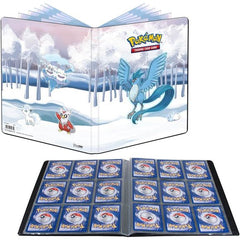 9-Pocket Portfolios for Pokemon feature a vibrant, full-art cover of Articuno, Alolan Vulpix, Vanilluxe, Delibird, and Snom. Each portfolio stores and protects up to 90 standard size cards single-loaded and 180 cards double-loaded in archival-safe polypropylene pages. Made in California, U.S.A.