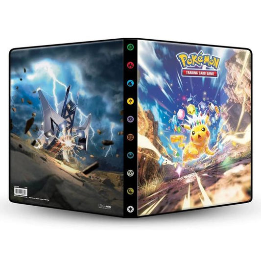 9-Pocket Portfolios for Pokémon feature a vibrant, full-art cover of Tera Pikachu and Archaludon from the Pokémon Trading Card Game Surging Sparks set release.. Each portfolio stores and protects up to 126 standard size cards single-loaded or up to 252 cards double-loaded in archival-safe polypropylene pages.