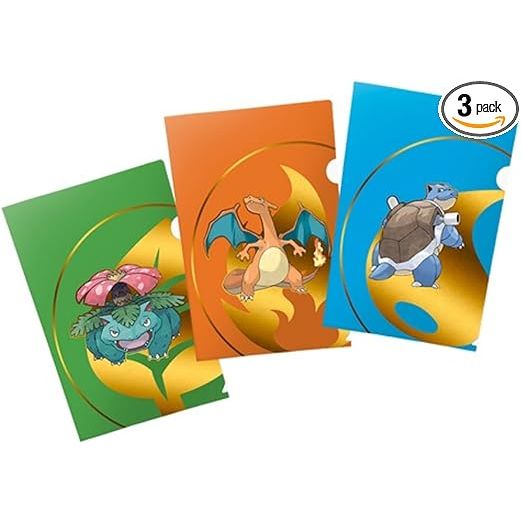 Organize and store your deck lists, tournament notes, and more in Tournament Folios for Pokemon! Each folio features a vibrant full-art cover of iconic Pokémon such as Charizard, Blastoise, and Venusaur. The thumb notch cut-out makes it easy to slide your deck list in and out. 3-Pack comes with one of each Pokémon character cover art. Sized to fit deck lists up to size A4. Measures approximately 8.6” x 12.2”.
