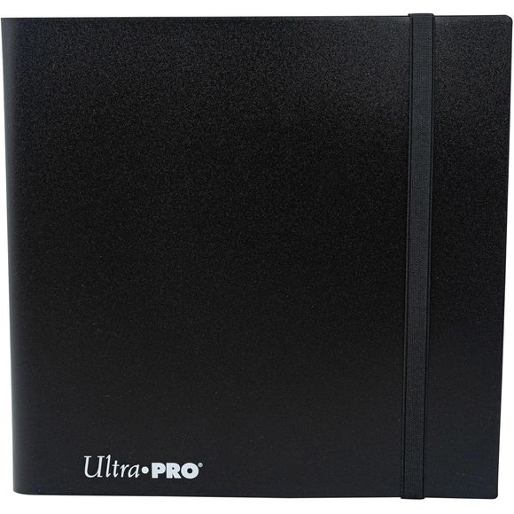 12-pocket Jet Black PRO-Binder with embossed middle black web material gives cards a classic framed look. Side loading pocket design to prevent cards from easily falling out. Elastic strap holds the binder shut when not in use. All materials made from archival-safe, acid-free non-PVC material. Holds 480 cards in Ultra Pro Deck Protector sleeves.