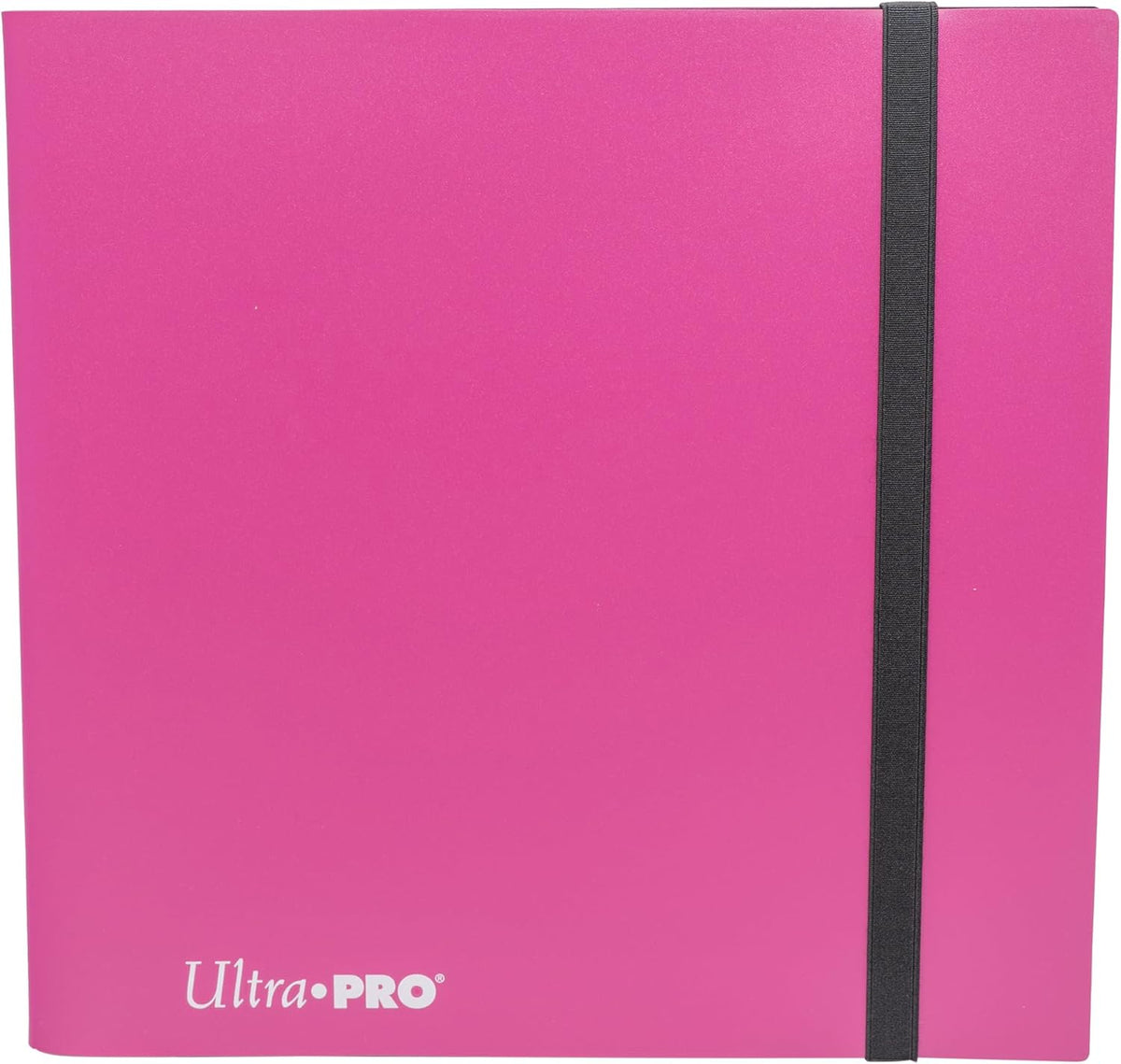 12-pocket Hot Pink PRO-Binder with embossed middle black web material gives cards a classic framed look. Side loading pocket design to prevent cards from easily falling out. Elastic strap holds the binder shut when not in use. All materials made from archival-safe, acid-free non-PVC material. Holds 480 cards in Ultra Pro Deck Protector sleeves.