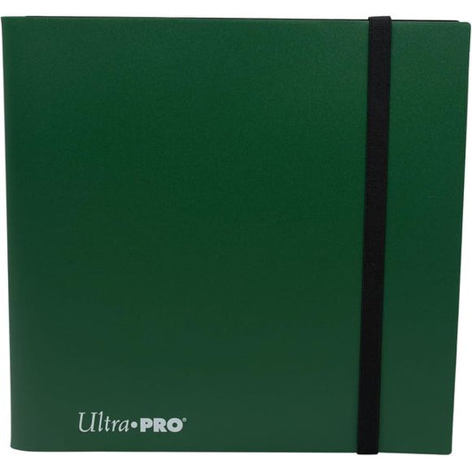 12-pocket Forest Green PRO-Binder with embossed middle black web material gives cards a classic framed look. Side loading pocket design to prevent cards from easily falling out. Elastic strap holds the binder shut when not in use. All materials made from archival-safe, acid-free non-PVC material. Holds 480 cards in Ultra Pro Deck Protector sleeves.