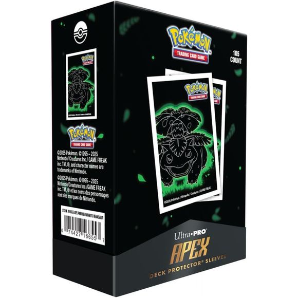 These 105 Pokemon Trading Card Game sleeves, part of the APEX Deck Protector series, boast a new, smooth shuffling formula and striking Venusaur artwork on a textured, dark background. Crafted with archival-safe polypropylene, they safeguard your cards and showcase foil cards through their glossy, clear front. Sized perfectly for standard trading cards at 2.5 inches by 3.5 inches.