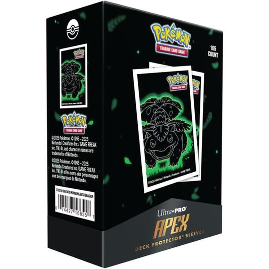 These 105 Pokemon Trading Card Game sleeves, part of the APEX Deck Protector series, boast a new, smooth shuffling formula and striking Venusaur artwork on a textured, dark background. Crafted with archival-safe polypropylene, they safeguard your cards and showcase foil cards through their glossy, clear front. Sized perfectly for standard trading cards at 2.5 inches by 3.5 inches.