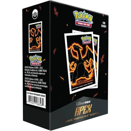 These 105 Pokemon Trading Card Game sleeves, part of the APEX Deck Protector series, boast a new, smooth shuffling formula and striking Charizard artwork on a textured, dark background. Crafted with archival-safe polypropylene, they safeguard your cards and showcase foil cards through their glossy, clear front. Sized perfectly for standard trading cards at 2.5 inches by 3.5 inches.