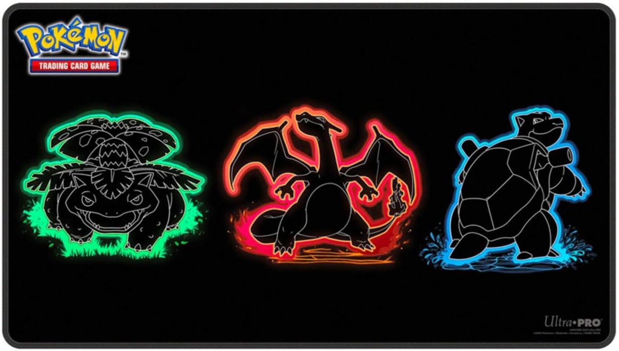 Make it a game to remember with Foil Playmats for the Pokemon Trading Card Game! With bold, neon-inspired artwork of Venusaur, Charizard, and Blastoise, this playmat features premium spot foil accents for added shine. Made with a soft fabric top to reduce damage to cards during play and a non-slip rubber backing to keep the playmat from shifting during use, playmats enhance the gameplay experience. With dimensions of approximately 24 in. x 13.5 in., a playmat also makes an excellent oversized mousepad for h