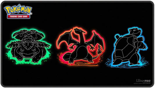 Make it a game to remember with Foil Playmats for the Pokemon Trading Card Game! With bold, neon-inspired artwork of Venusaur, Charizard, and Blastoise, this playmat features premium spot foil accents for added shine. Made with a soft fabric top to reduce damage to cards during play and a non-slip rubber backing to keep the playmat from shifting during use, playmats enhance the gameplay experience. With dimensions of approximately 24 in. x 13.5 in., a playmat also makes an excellent oversized mousepad for h
