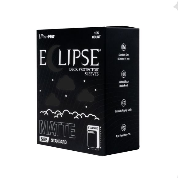The next evolution of Ultra PRO's legendary ECLIPSE DECK PROTECTOR sleeves is here. Experience the enhanced texture, optimized shuffle feel, and the rigorously tested, consistent quality of the latest ECLIPSE formulation. Designed for competitive play and archival collections, ECLIPSE DECK PROTECTOR sleeves feature fully-opaque backings and split-resistant seals. ECLIPSE DECK PROTECTOR sleeves are available in matte and gloss fronts, standard and small sizes, and 10 vibrant colors.
