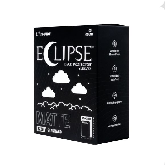 The next evolution of Ultra PRO's legendary ECLIPSE DECK PROTECTOR sleeves is here. Experience the enhanced texture, optimized shuffle feel, and the rigorously tested, consistent quality of the latest ECLIPSE formulation. Designed for competitive play and archival collections, ECLIPSE DECK PROTECTOR sleeves feature fully-opaque backings and split-resistant seals. ECLIPSE DECK PROTECTOR sleeves are available in matte and gloss fronts, standard and small sizes, and 10 vibrant colors.
