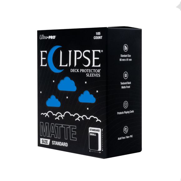 The next evolution of Ultra PRO's legendary ECLIPSE DECK PROTECTOR sleeves is here. Experience the enhanced texture, optimized shuffle feel, and the rigorously tested, consistent quality of the latest ECLIPSE formulation. Designed for competitive play and archival collections, ECLIPSE DECK PROTECTOR sleeves feature fully-opaque backings and split-resistant seals. ECLIPSE DECK PROTECTOR sleeves are available in matte and gloss fronts, standard and small sizes, and 10 vibrant colors.