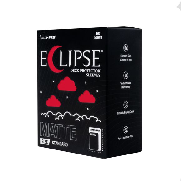 The next evolution of Ultra PRO's legendary ECLIPSE DECK PROTECTOR sleeves is here. Experience the enhanced texture, optimized shuffle feel, and the rigorously tested, consistent quality of the latest ECLIPSE formulation. Designed for competitive play and archival collections, ECLIPSE DECK PROTECTOR sleeves feature fully-opaque backings and split-resistant seals. ECLIPSE DECK PROTECTOR sleeves are available in matte and gloss fronts, standard and small sizes, and 10 vibrant colors.