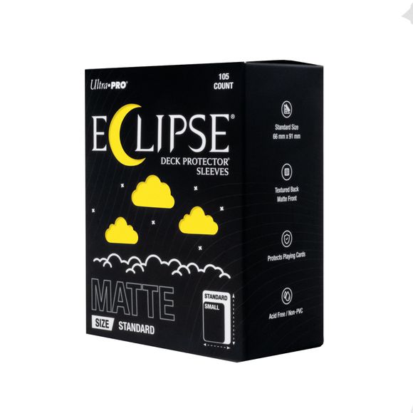The next evolution of Ultra PRO's legendary ECLIPSE DECK PROTECTOR sleeves is here. Experience the enhanced texture, optimized shuffle feel, and the rigorously tested, consistent quality of the latest ECLIPSE formulation. Designed for competitive play and archival collections, ECLIPSE DECK PROTECTOR sleeves feature fully-opaque backings and split-resistant seals. ECLIPSE DECK PROTECTOR sleeves are available in matte and gloss fronts, standard and small sizes, and 10 vibrant colors.