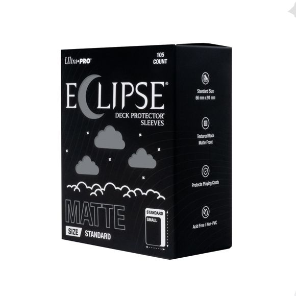 The next evolution of Ultra PRO's legendary ECLIPSE DECK PROTECTOR sleeves is here. Experience the enhanced texture, optimized shuffle feel, and the rigorously tested, consistent quality of the latest ECLIPSE formulation. Designed for competitive play and archival collections, ECLIPSE DECK PROTECTOR sleeves feature fully-opaque backings and split-resistant seals. ECLIPSE DECK PROTECTOR sleeves are available in matte and gloss fronts, standard and small sizes, and 10 vibrant colors.
