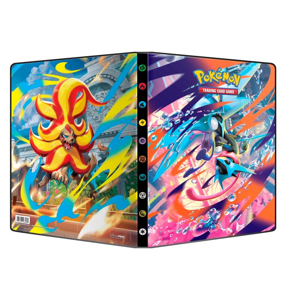 9-Pocket Portfolios for Pokémon feature a vibrant, full-art cover of Mega Grenininja and back cover of Mega Pyroar. Each portfolio stores and protects up to 126 standard size cards single-loaded and 252 cards double-loaded in archival-safe pages. Made in California, U.S.A.