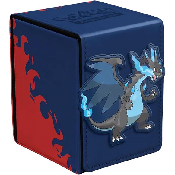 The Alcove® Flip Deck Box® for the Pokémon Trading Card Game features vibrant, full-color artwork of Mega Charizard X on a multi-layer leatherette finish, with a strong magnetic closure, and dual thumb notches for easy access to your deck. This Deck Box holds up to 100 standard-size trading cards double-sleeved in Ultra PRO Deck Protector® sleeves.