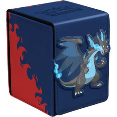 The Alcove® Flip Deck Box® for the Pokémon Trading Card Game features vibrant, full-color artwork of Mega Charizard X on a multi-layer leatherette finish, with a strong magnetic closure, and dual thumb notches for easy access to your deck. This Deck Box holds up to 100 standard-size trading cards double-sleeved in Ultra PRO Deck Protector® sleeves.