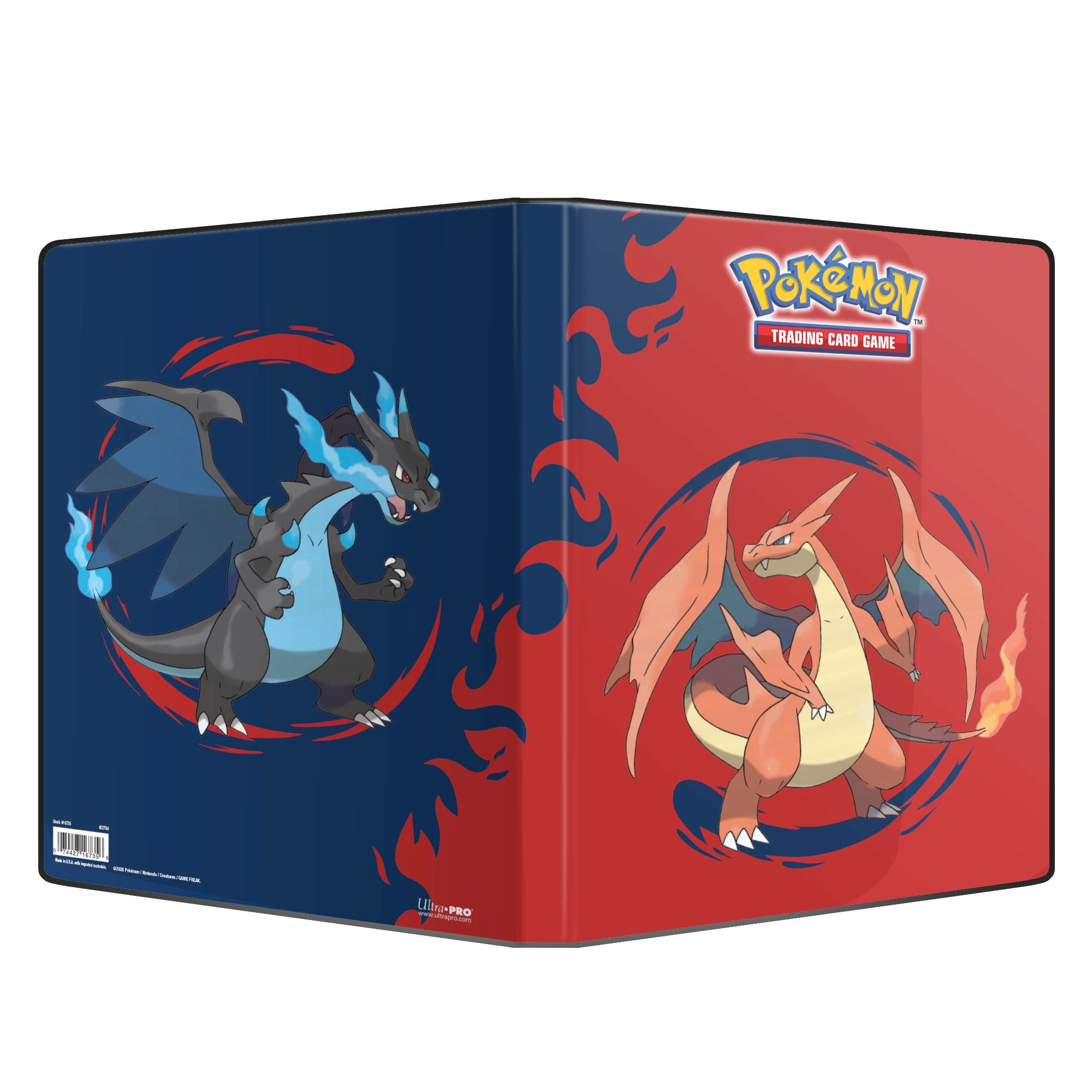 The 9-Pocket Portfolio for the Pokemon Trading Card Game features a vibrant, full-art cover of Mega Charizard X and Mega Charizard Y. Each portfolio stores and protects 180 standard size cards in 10 archival-safe pages. Made in California, U.S.A.